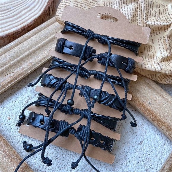 6pcs Men's Multilayer Leather Bracelet  (Braided) - ADJUSTABLE SIZES - Picture 3 of 3